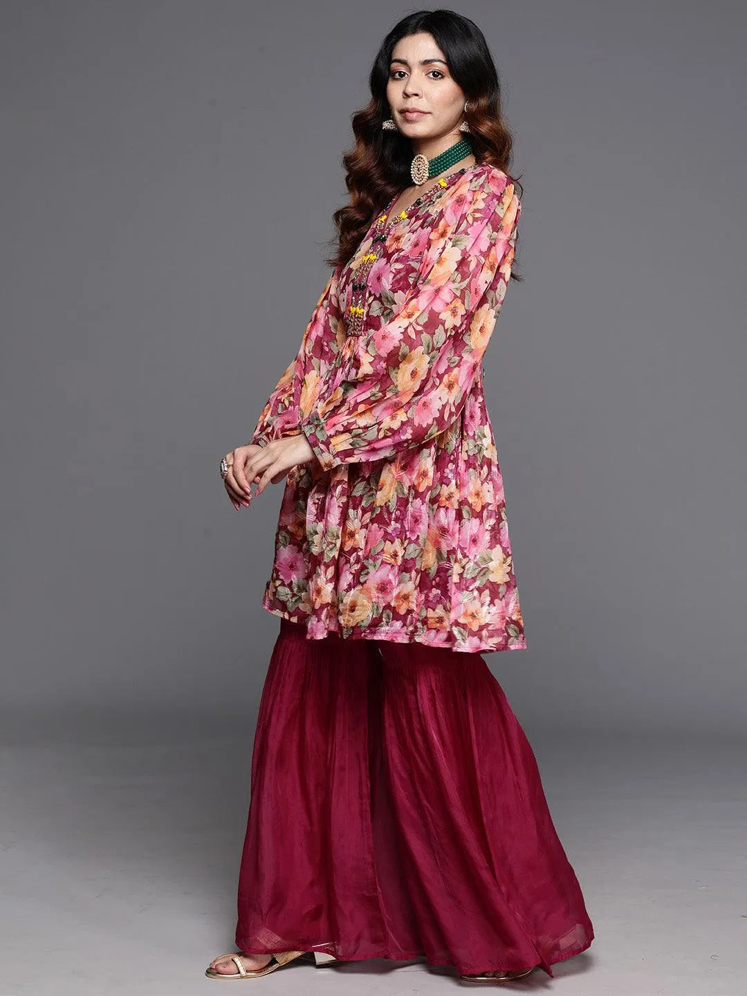Mameraa Maroon Printed Organza A-Line Sharara Suit Set With Dupatta