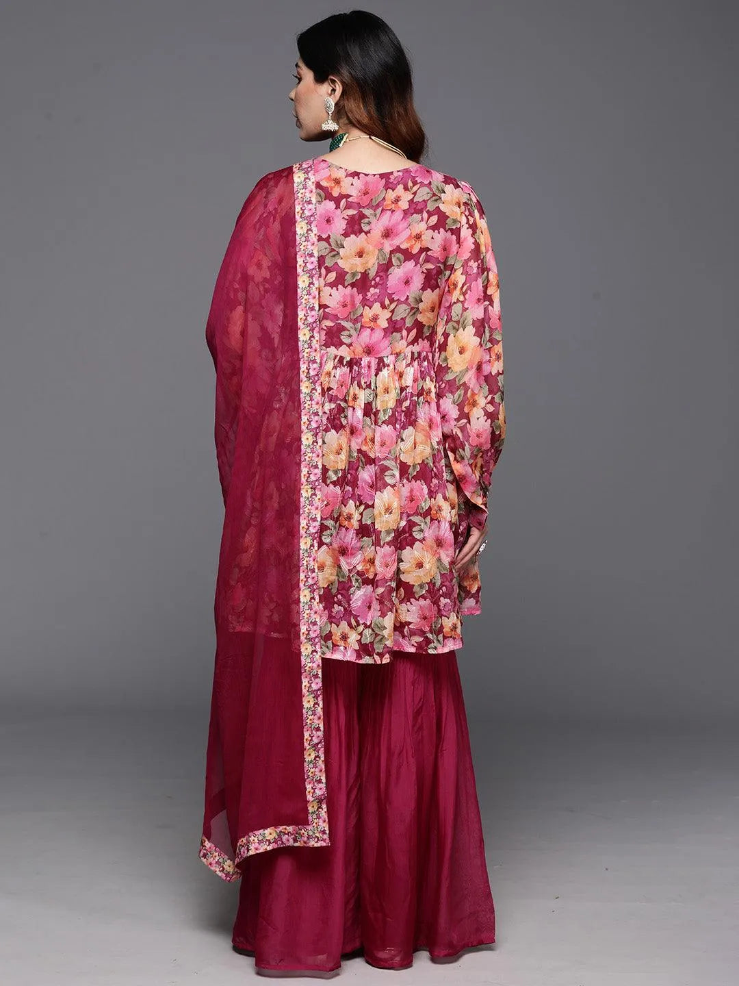 Mameraa Maroon Printed Organza A-Line Sharara Suit Set With Dupatta