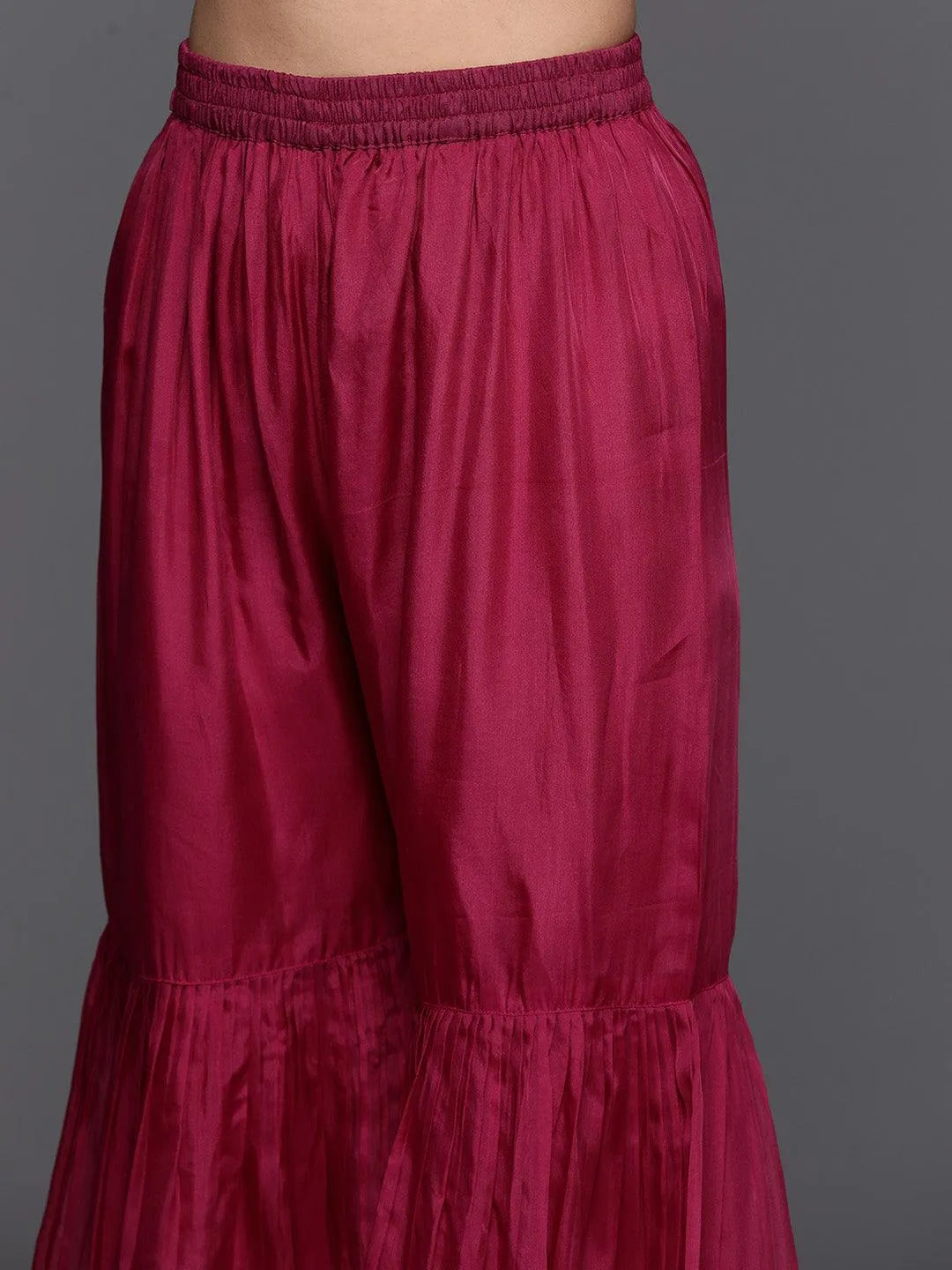 Mameraa Maroon Printed Organza A-Line Sharara Suit Set With Dupatta