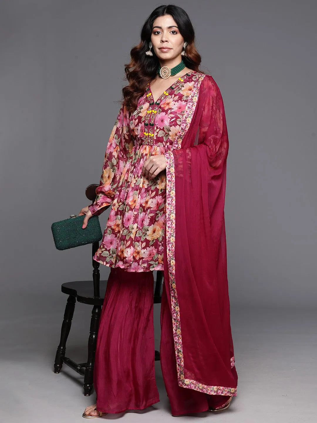 Mameraa Maroon Printed Organza A-Line Sharara Suit Set With Dupatta