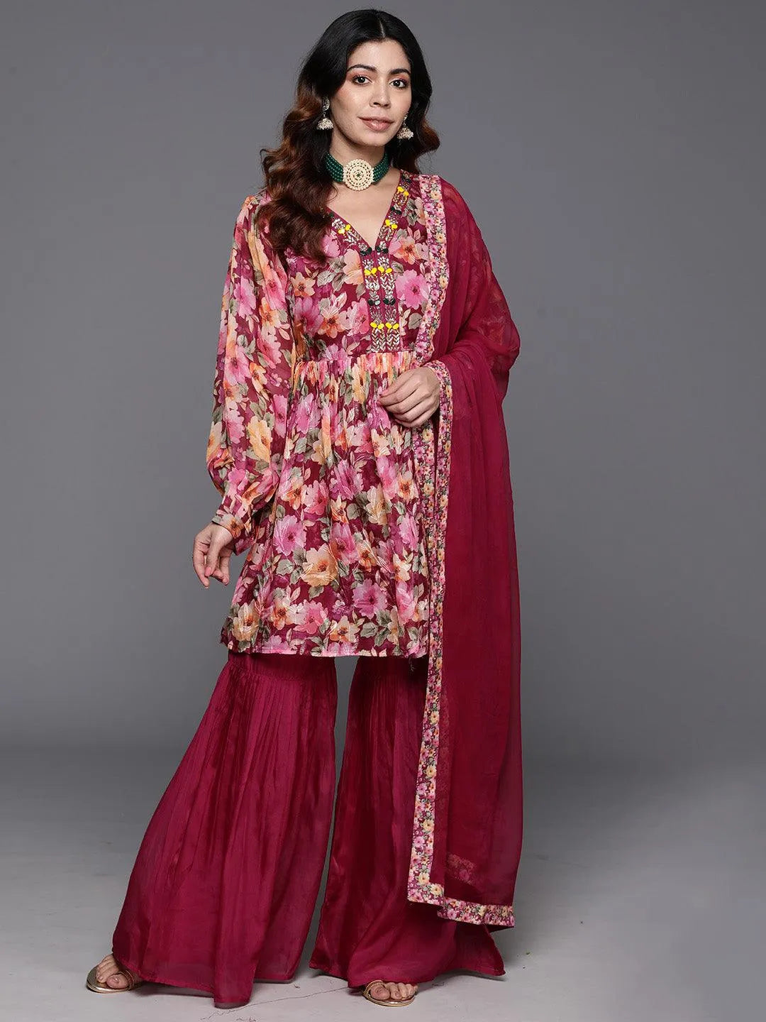 Mameraa Maroon Printed Organza A-Line Sharara Suit Set With Dupatta