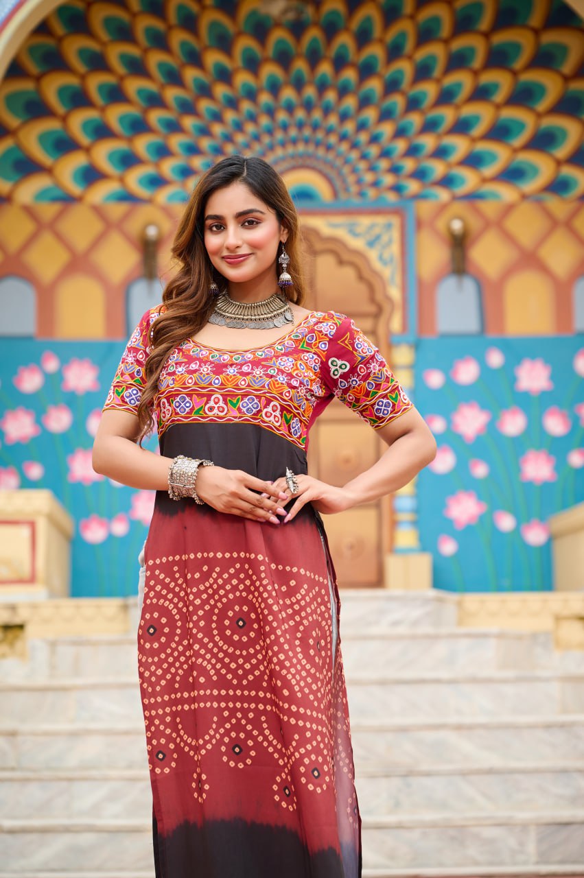 Maroon Printed Rayon Kurti with Kutchi Gamthi Work – Round Neck, Half Sleeves, Cotton Lined