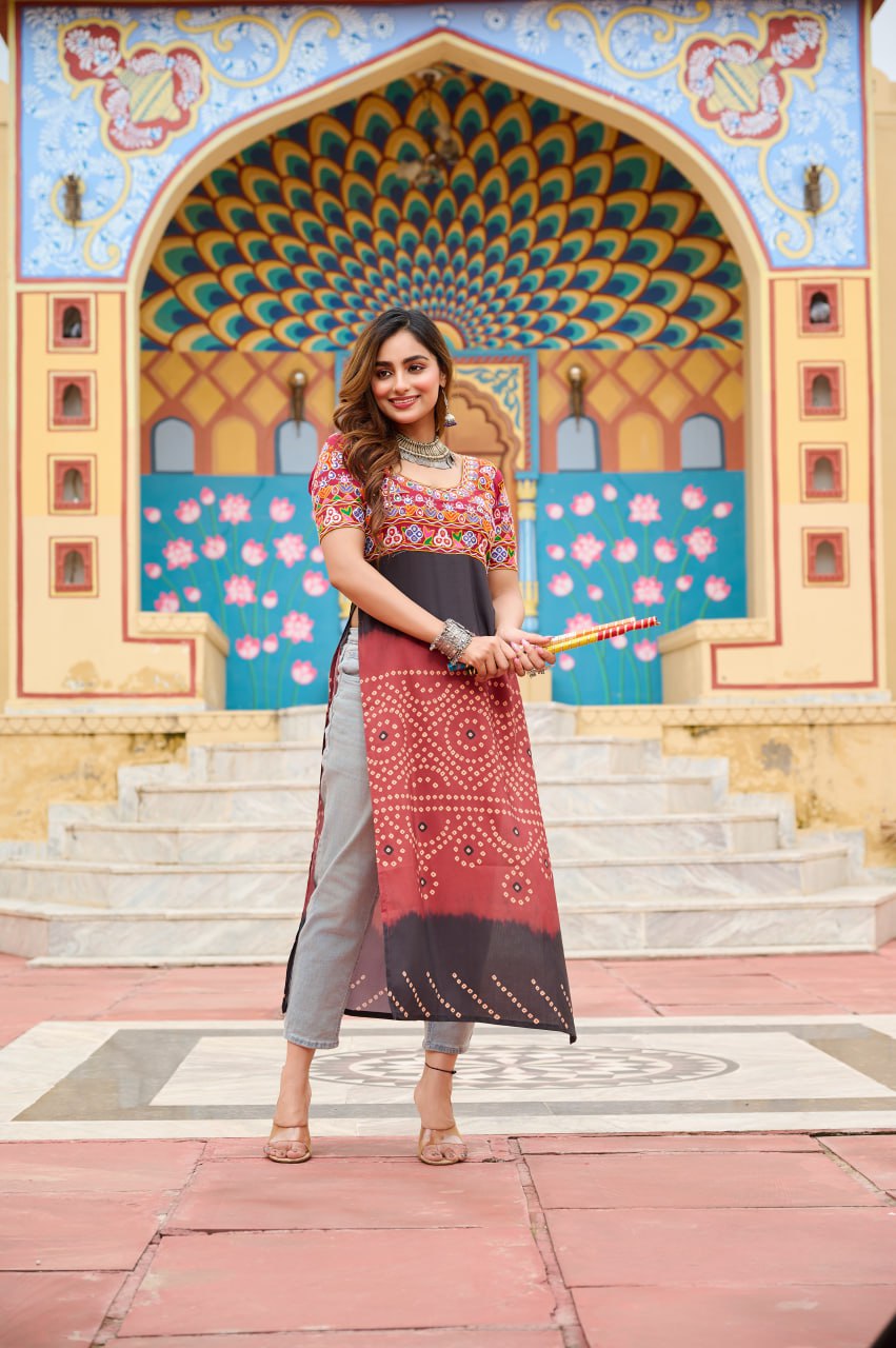 Maroon Printed Rayon Kurti with Kutchi Gamthi Work – Round Neck, Half Sleeves, Cotton Lined