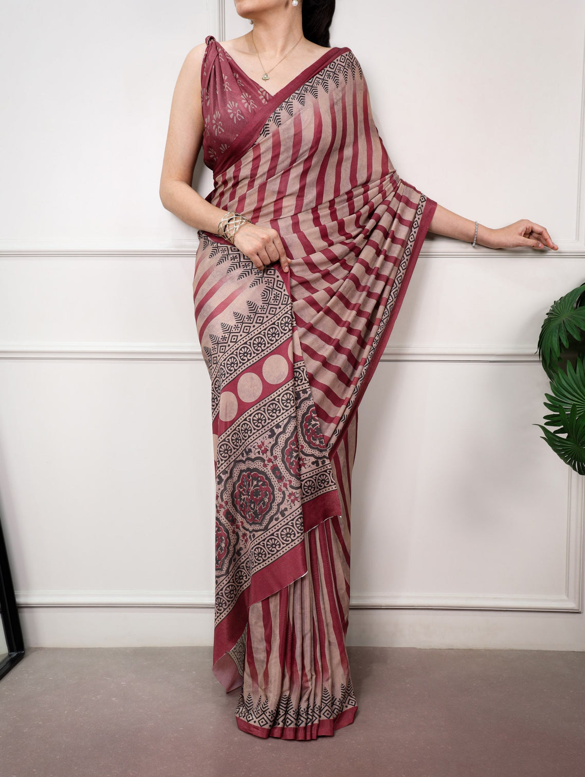 Maroon Printed Satin Silk Saree