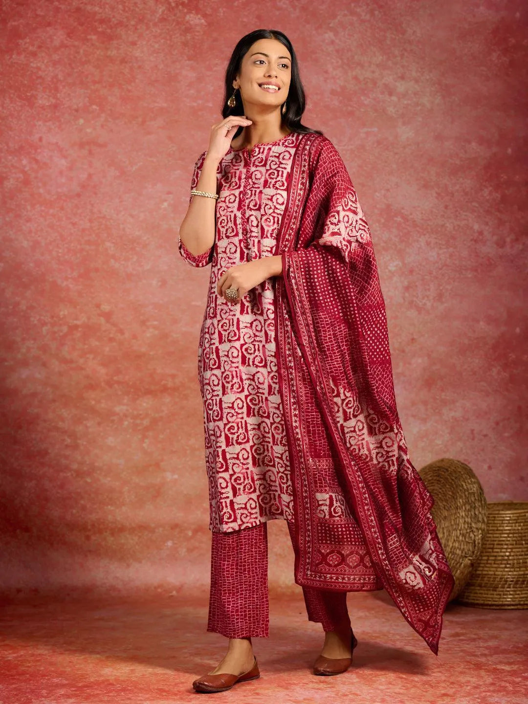 Libas Maroon Printed Silk Blend Straight Suit With Dupatta