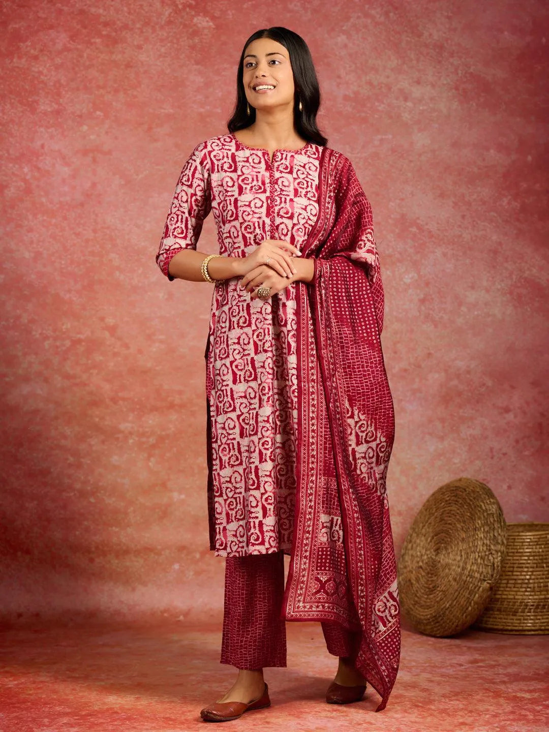 Libas Maroon Printed Silk Blend Straight Suit With Dupatta