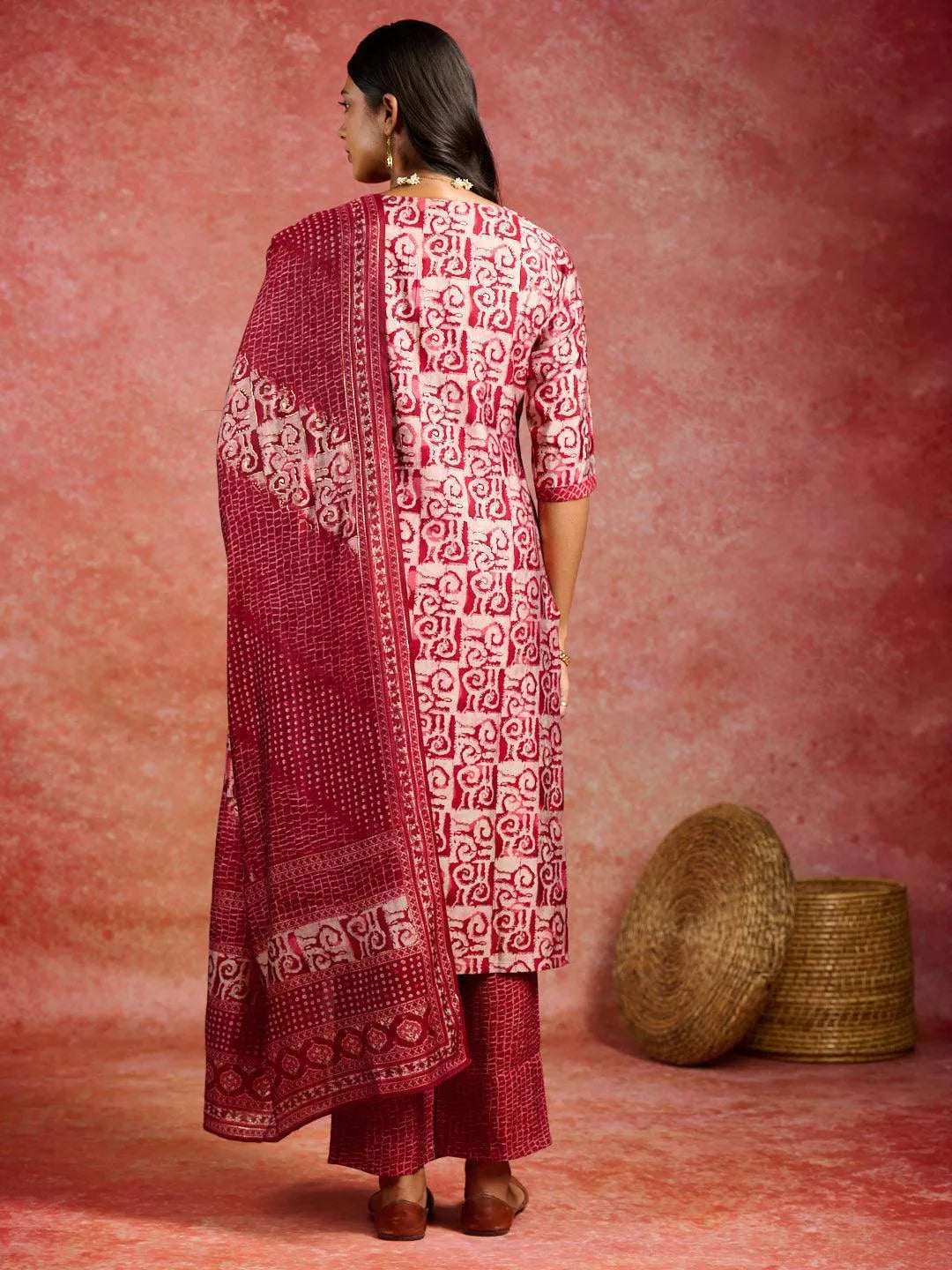Libas Maroon Printed Silk Blend Straight Suit With Dupatta