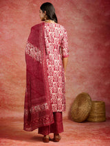 Libas Maroon Printed Silk Blend Straight Suit With Dupatta