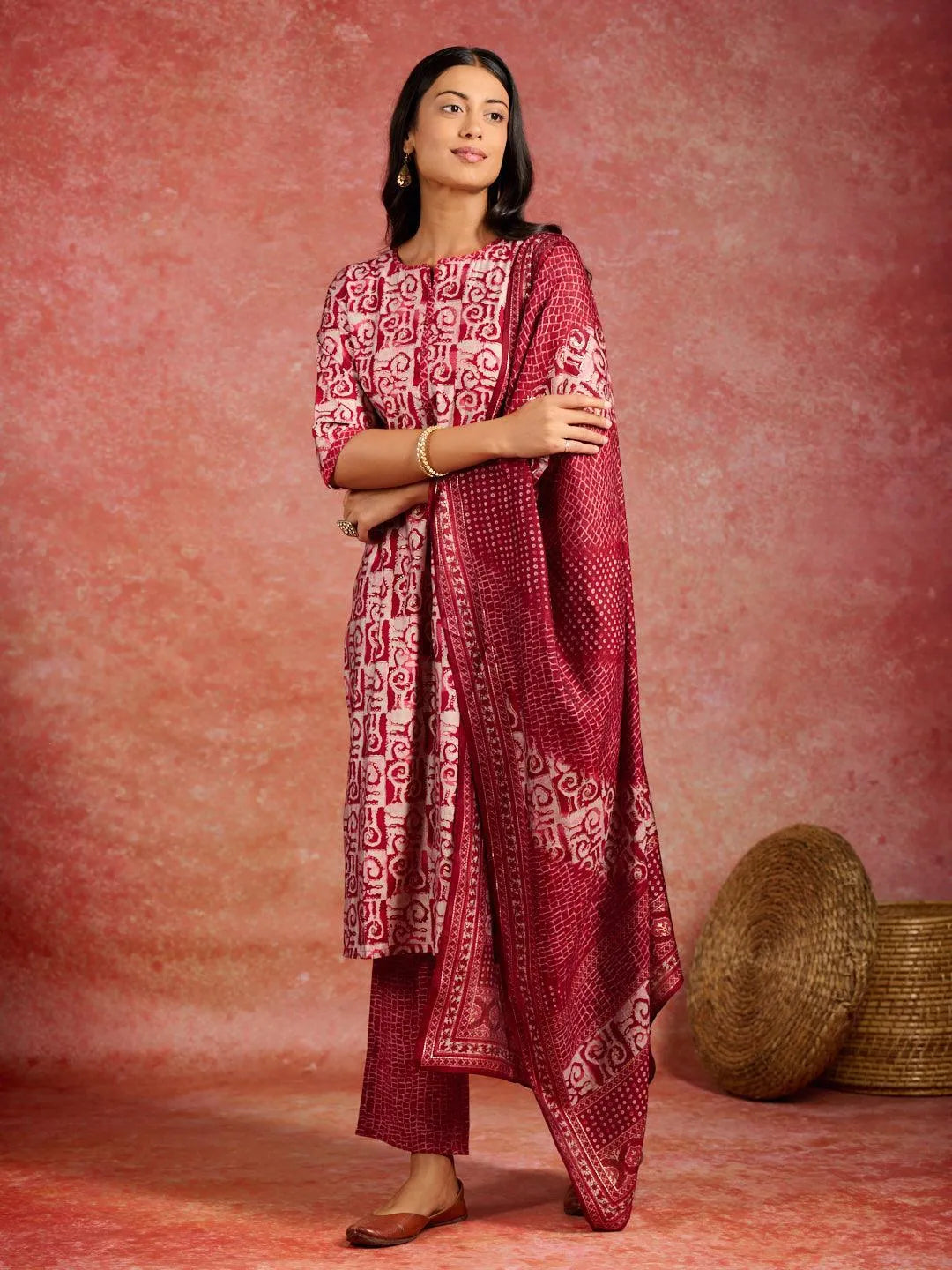 Libas Maroon Printed Silk Blend Straight Suit With Dupatta