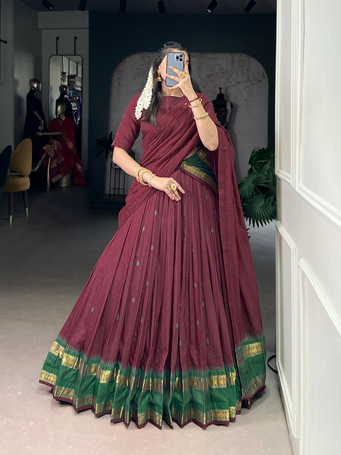 Maroon Pure Chanderi Zari Weaving Lehenga Choli Set with Dupatta – Stitched Lehenga, Unstitched Blouse