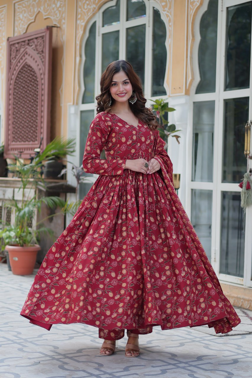 Maroon Pure Cotton 3-Piece Ethnic Suit Set