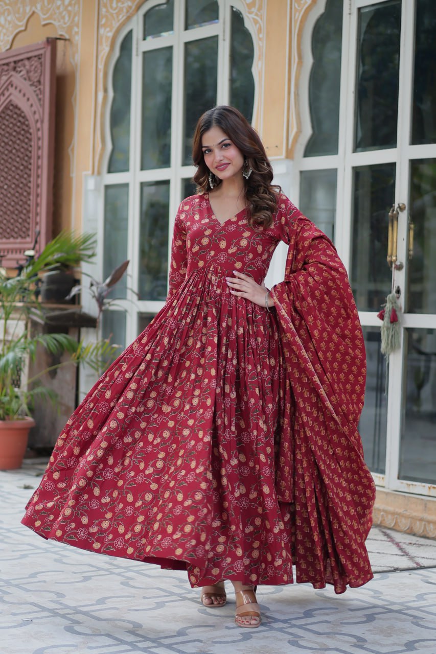 Maroon Pure Cotton 3-Piece Ethnic Suit Set