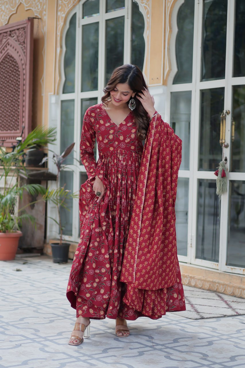 Maroon Pure Cotton 3-Piece Ethnic Suit Set