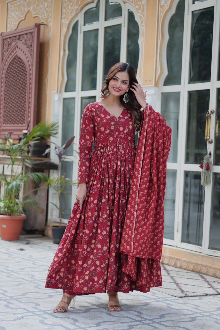 Maroon Pure Cotton 3-Piece Ethnic Suit Set