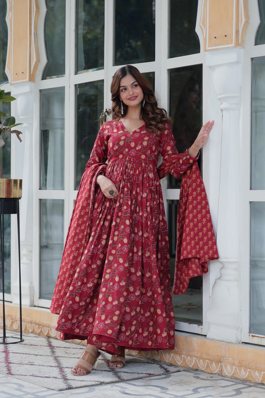 Maroon Pure Cotton 3-Piece Ethnic Suit Set