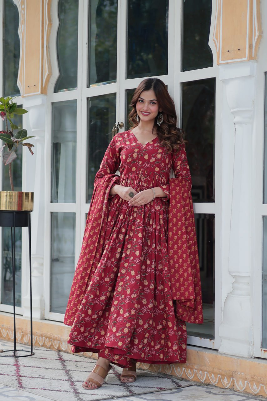 Maroon Pure Cotton 3-Piece Ethnic Suit Set