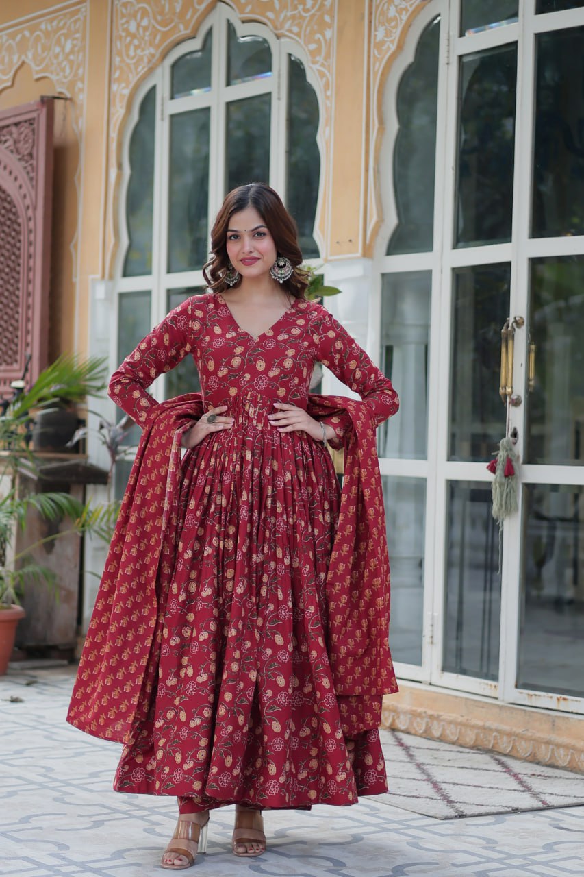 Maroon Pure Cotton 3-Piece Ethnic Suit Set