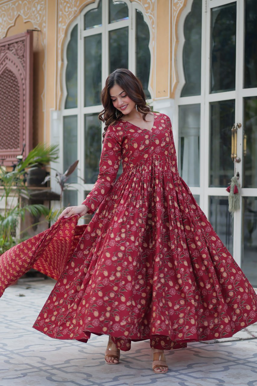 Maroon Pure Cotton 3-Piece Ethnic Suit Set