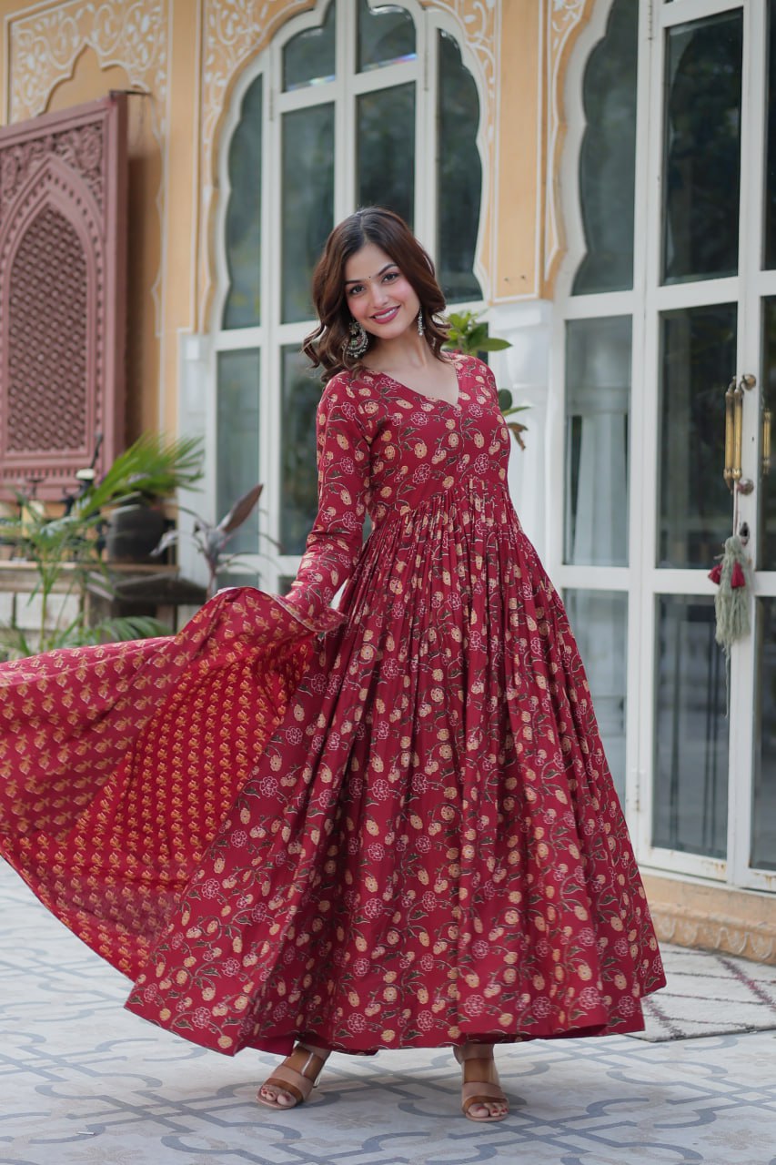 Maroon Pure Cotton 3-Piece Ethnic Suit Set