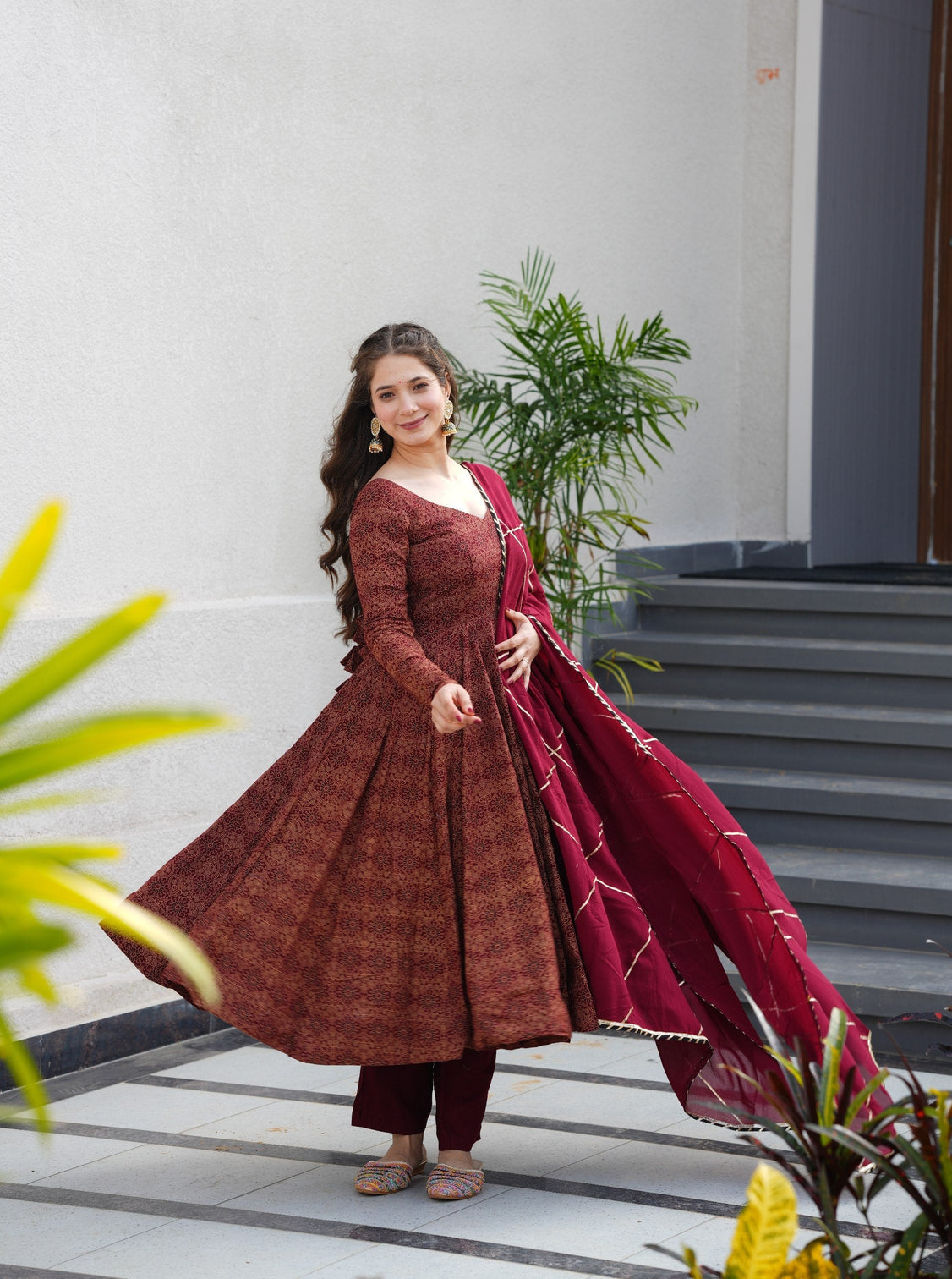 Maroon Pure Cotton Ajrakh Print Anarkali Suit Set with 4.5 Meter Flair, Crape Bottom & Faux Georgette Dupatta