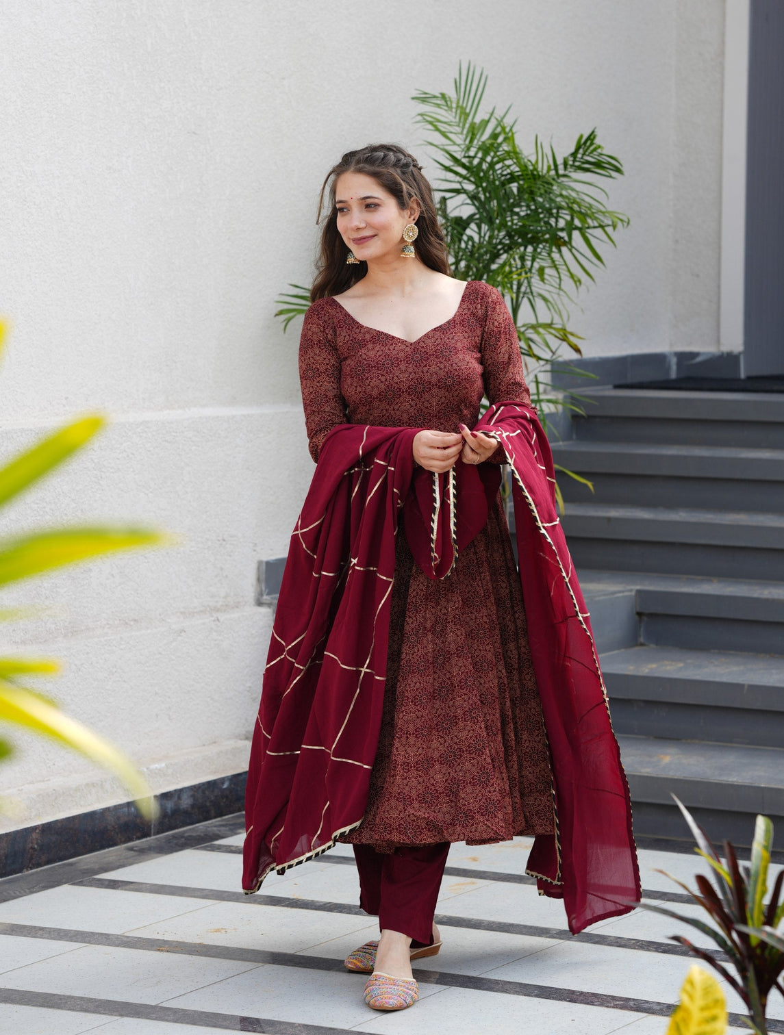 Maroon Pure Cotton Ajrakh Print Anarkali Suit Set with 4.5 Meter Flair, Crape Bottom & Faux Georgette Dupatta