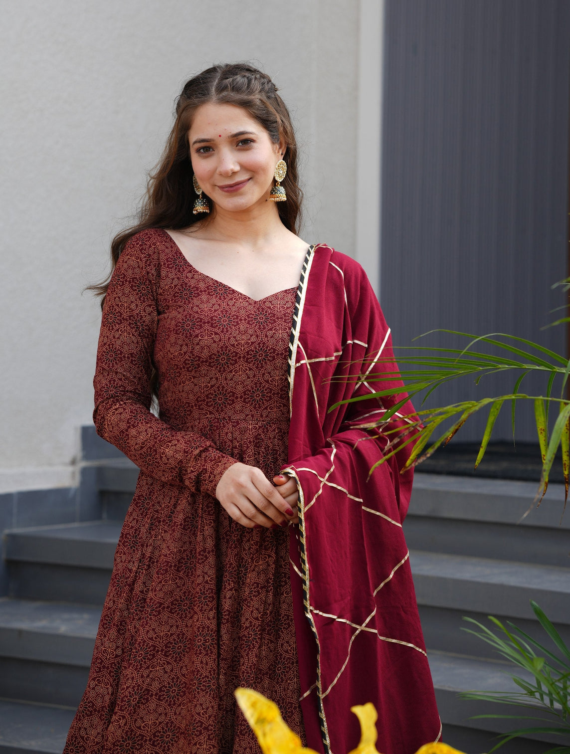 Maroon Pure Cotton Ajrakh Print Anarkali Suit Set with 4.5 Meter Flair, Crape Bottom & Faux Georgette Dupatta