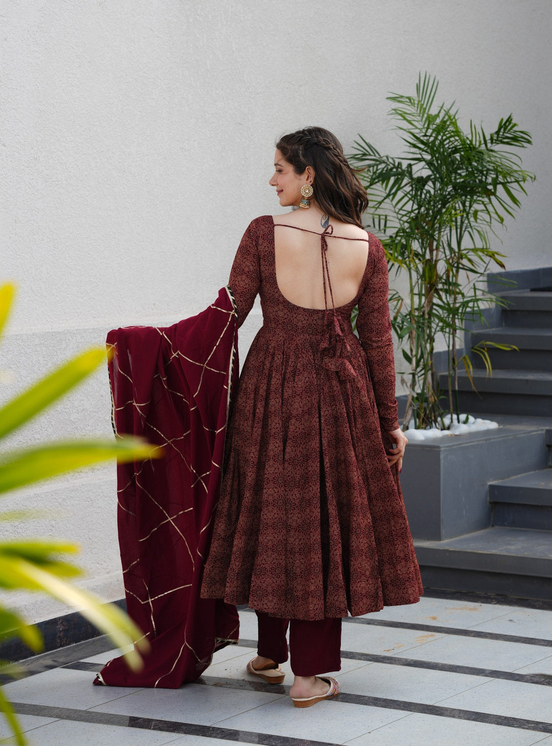 Maroon Pure Cotton Ajrakh Print Anarkali Suit Set with 4.5 Meter Flair, Crape Bottom & Faux Georgette Dupatta