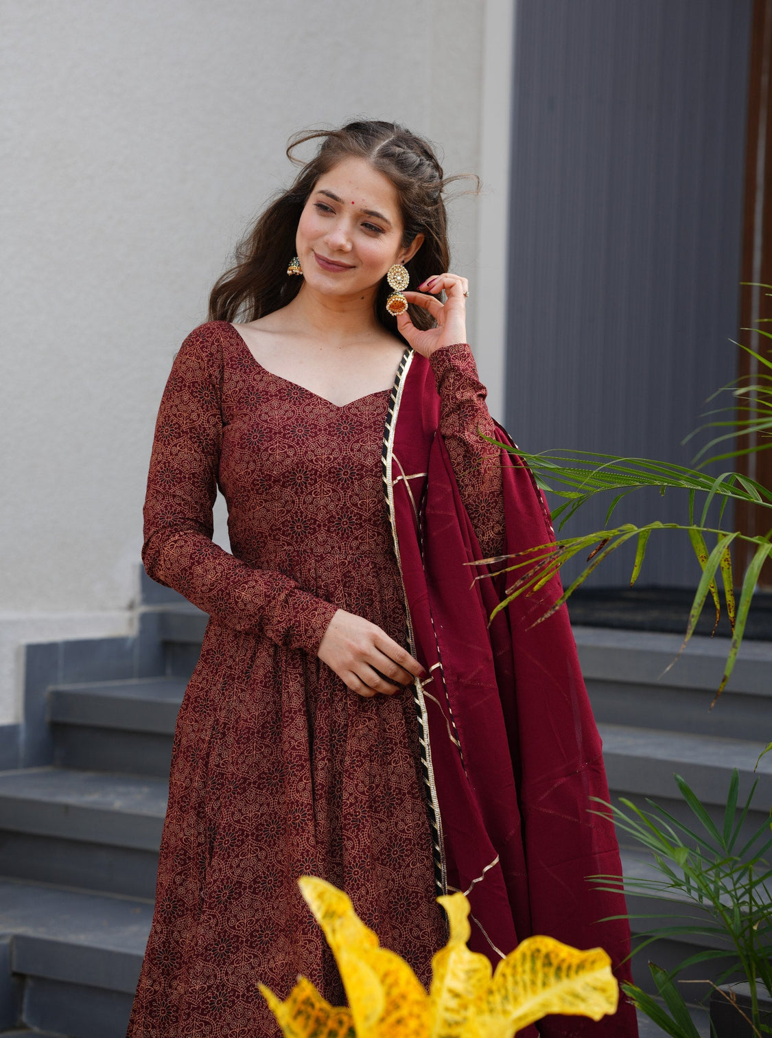 Maroon Pure Cotton Ajrakh Print Anarkali Suit Set with 4.5 Meter Flair, Crape Bottom & Faux Georgette Dupatta
