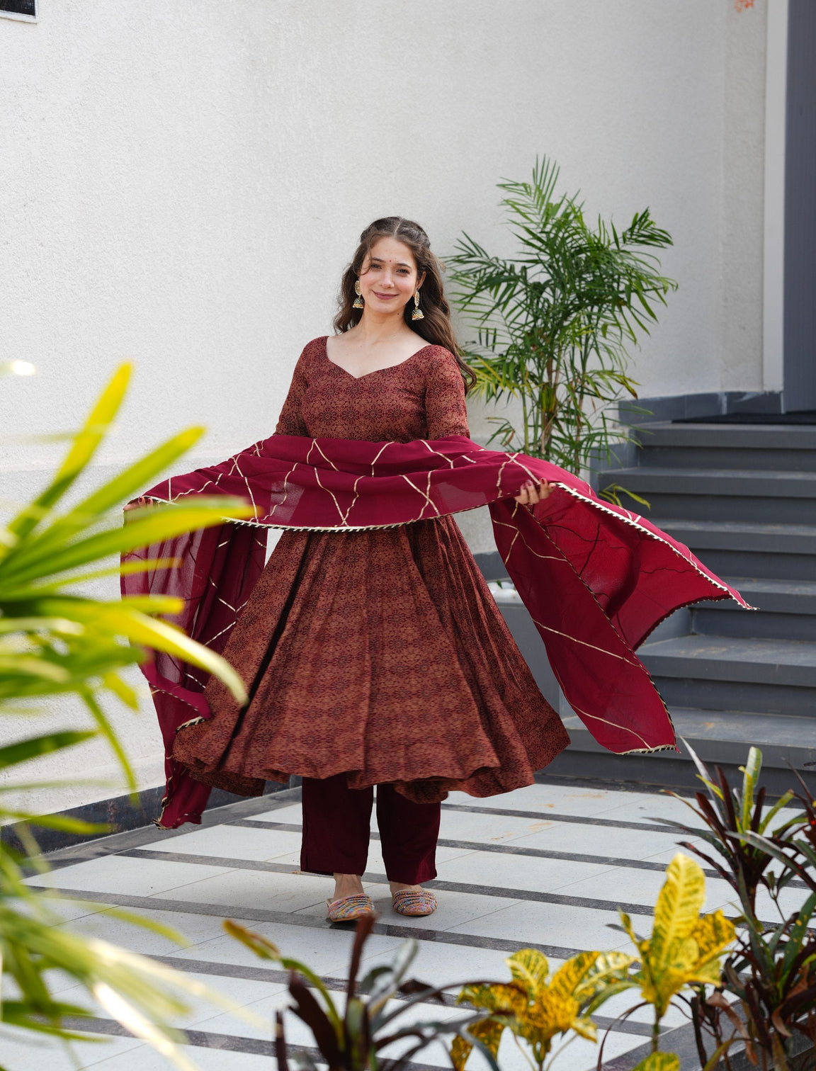 Maroon Pure Cotton Ajrakh Print Anarkali Suit Set with 4.5 Meter Flair, Crape Bottom & Faux Georgette Dupatta
