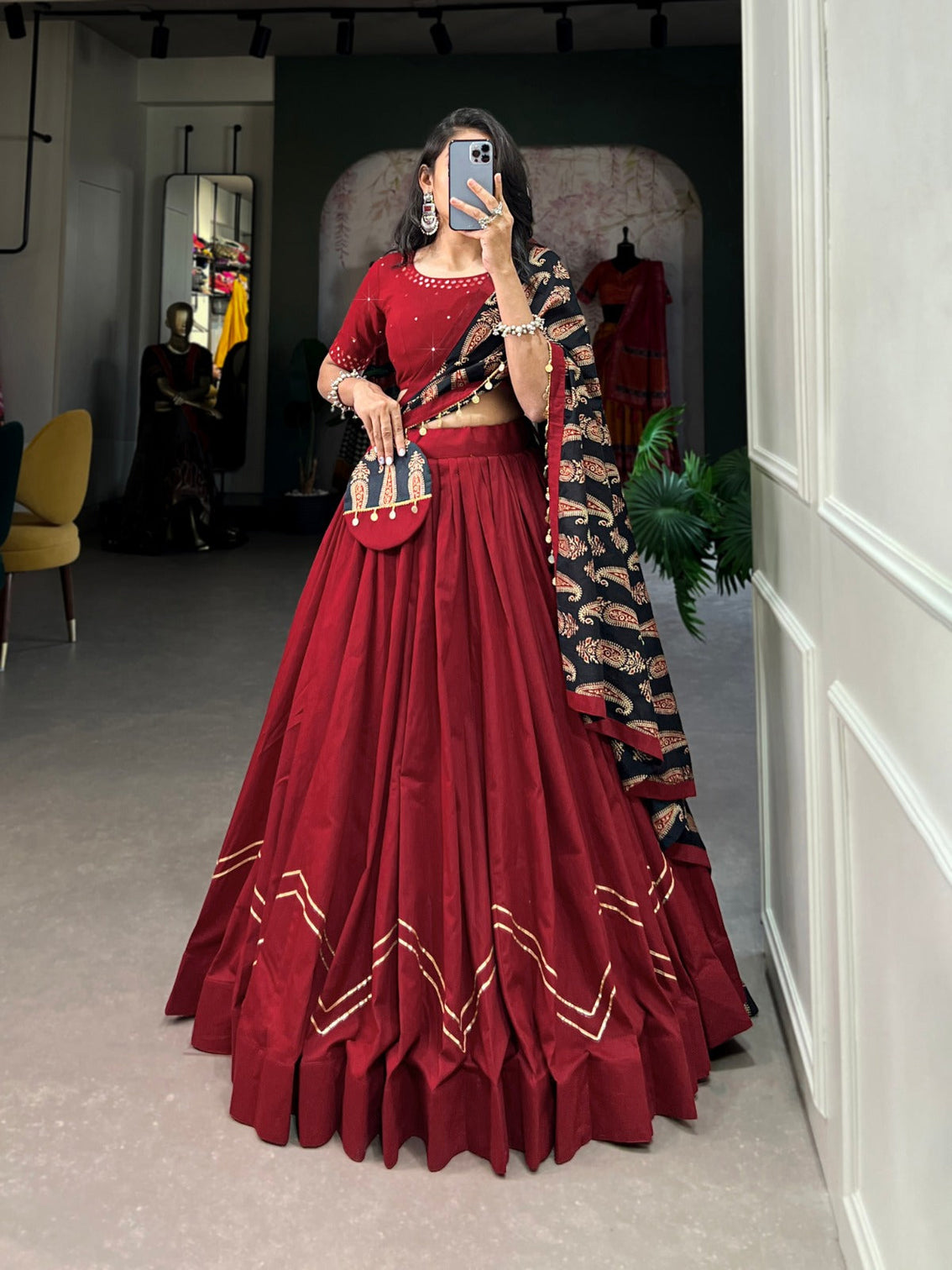 Maroon Pure Cotton Lehenga Choli Set with Purse