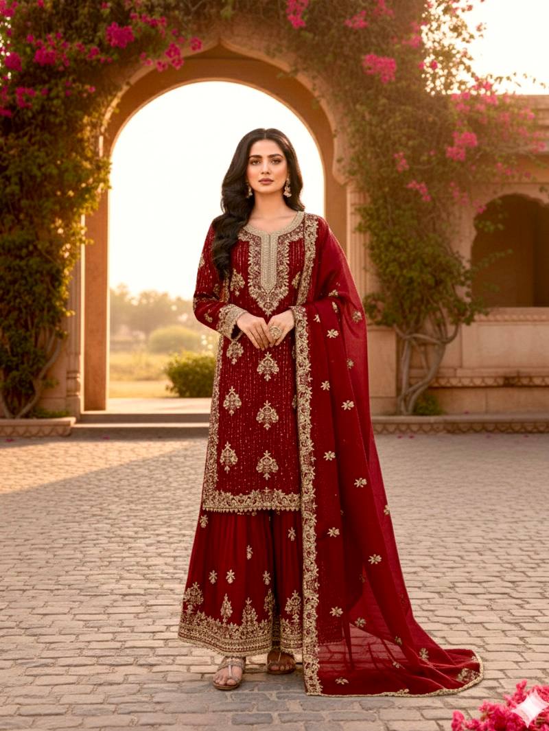 Maroon Pure Silk Heavy Embroidered Kurta Palazzo Set with Dupatta