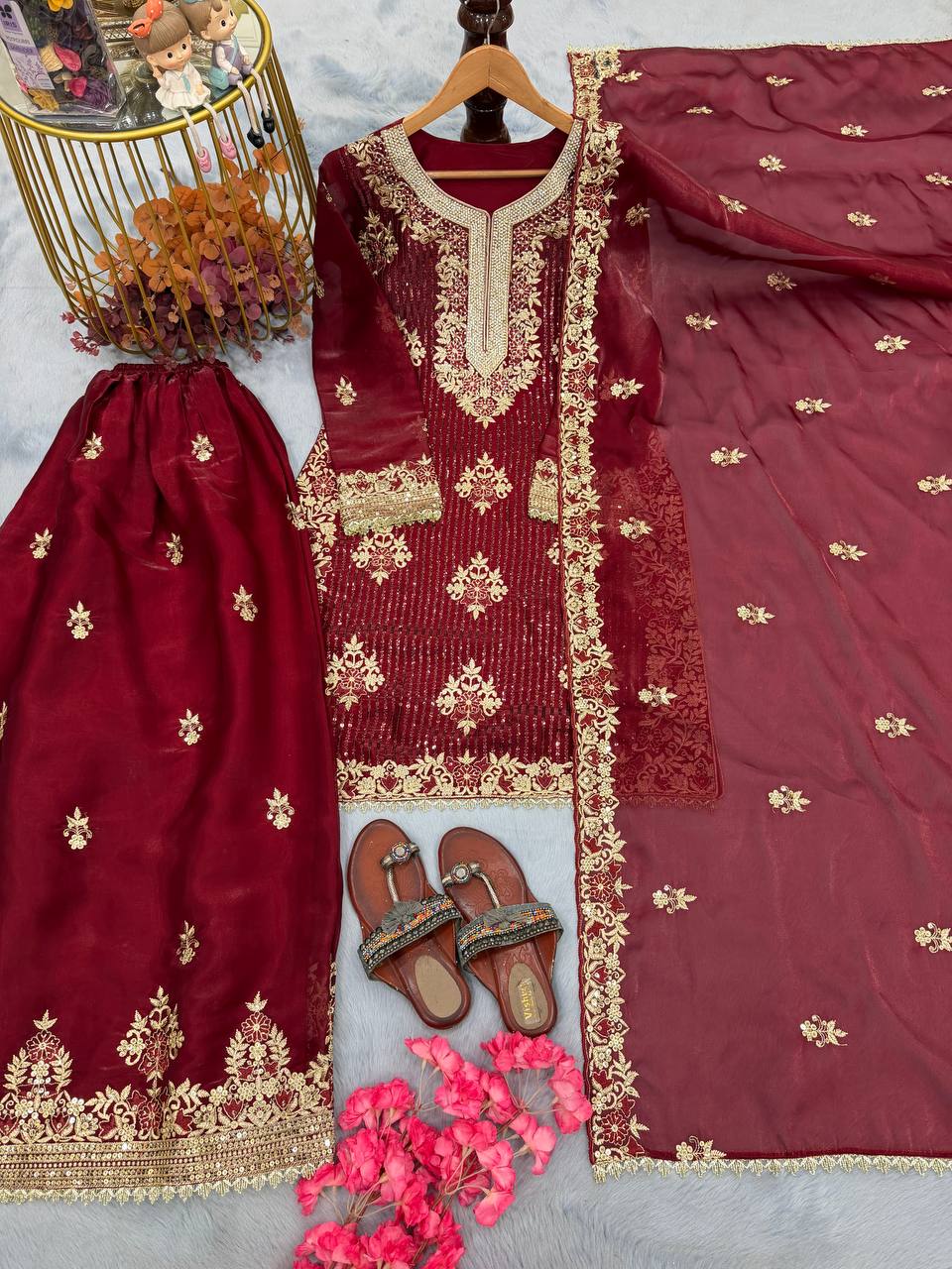 Maroon Pure Silk Heavy Embroidered Kurta Palazzo Set with Dupatta