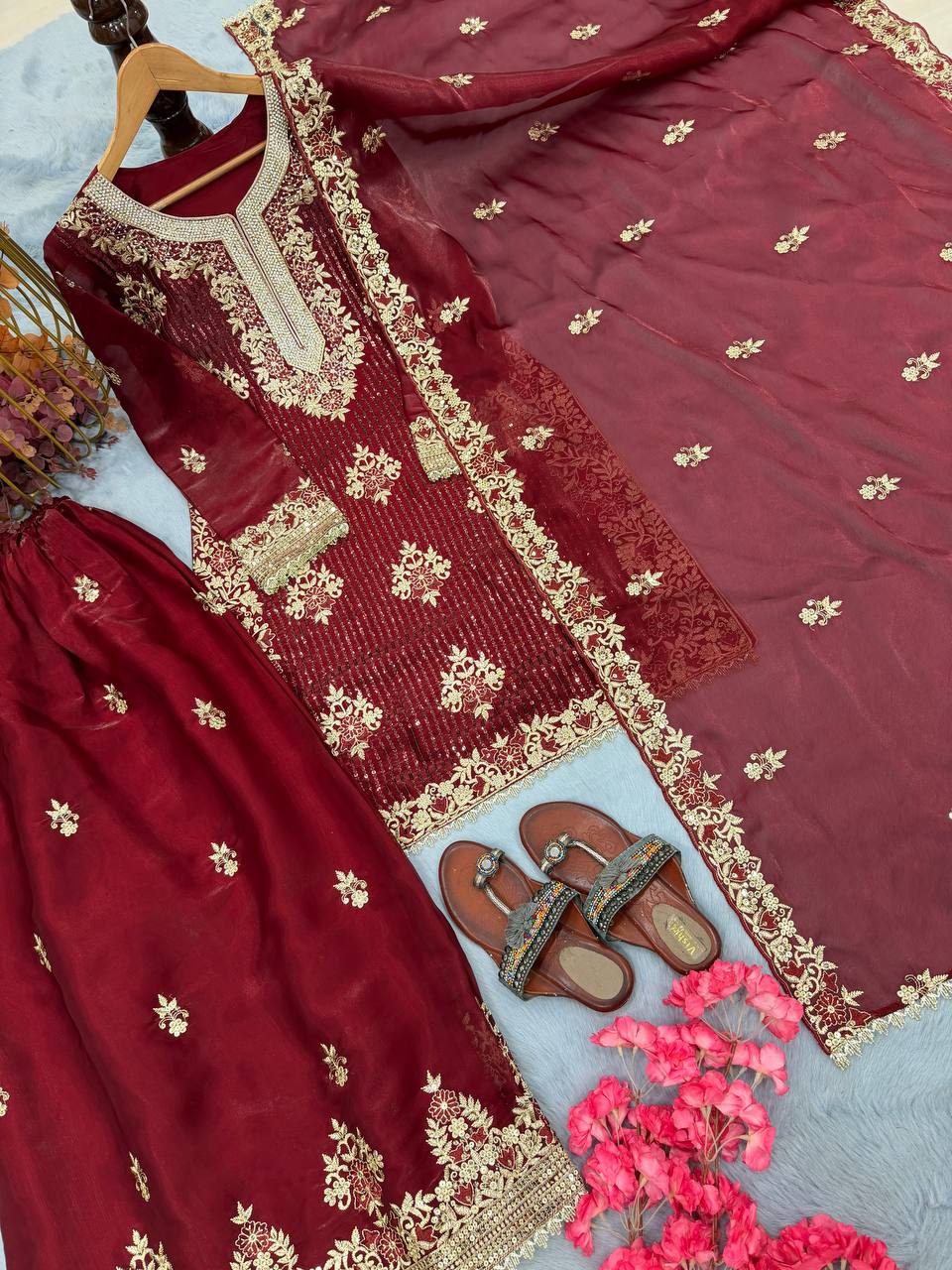 Maroon Pure Silk Heavy Embroidered Kurta Palazzo Set with Dupatta