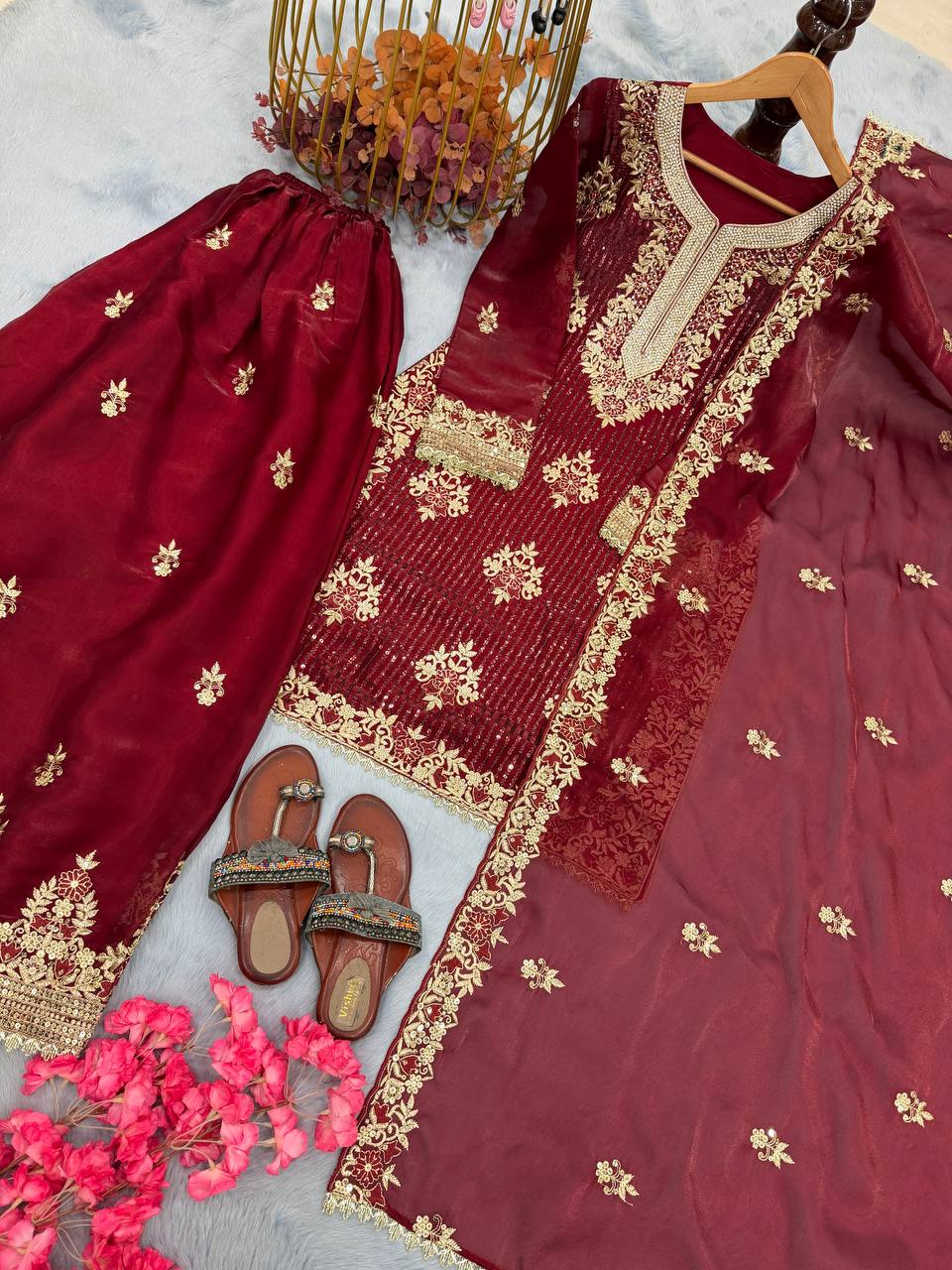 Maroon Pure Silk Heavy Embroidered Kurta Palazzo Set with Dupatta