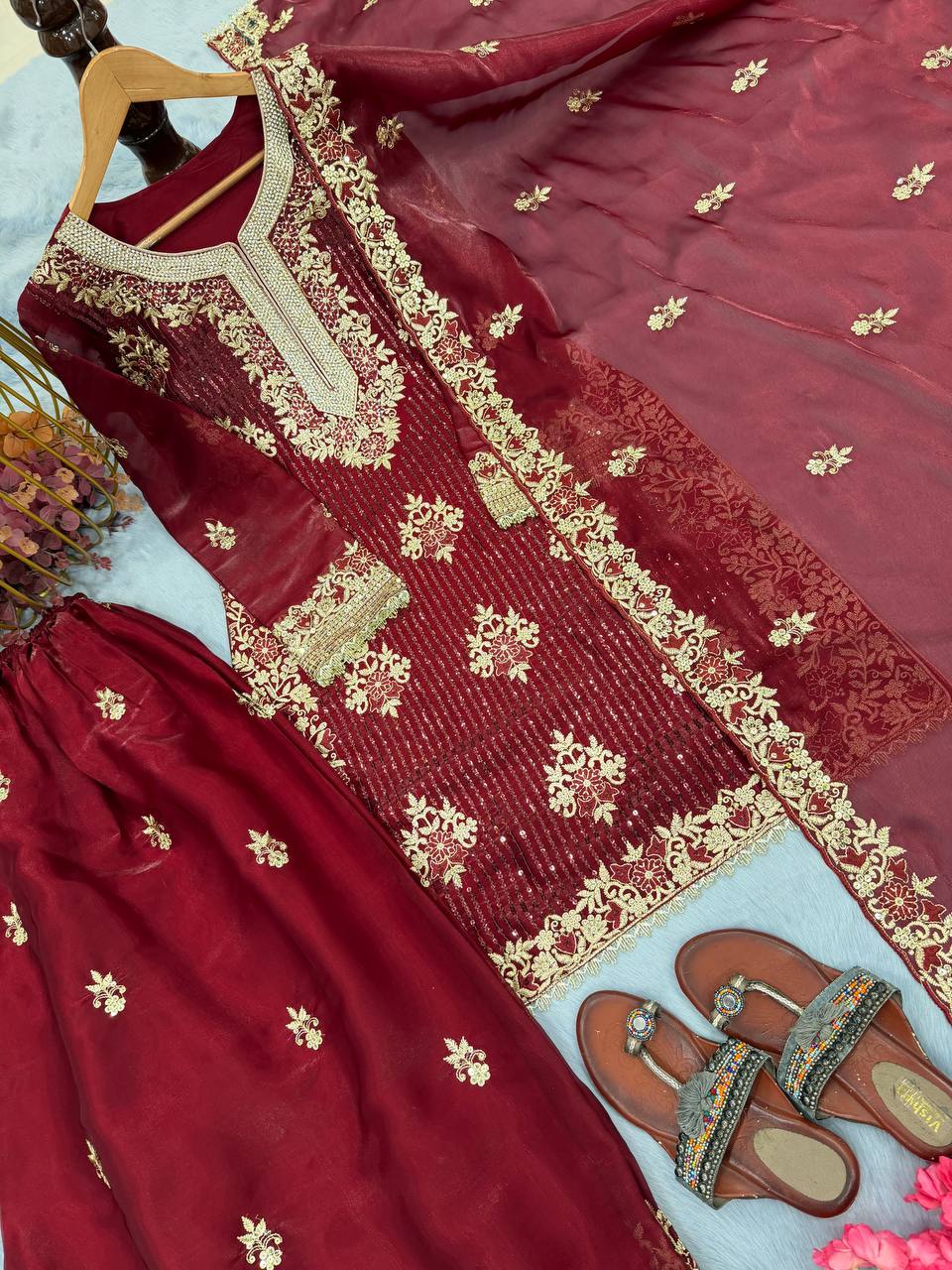 Maroon Pure Silk Heavy Embroidered Kurta Palazzo Set with Dupatta