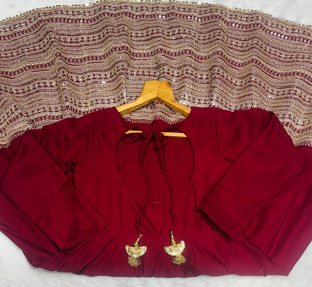 Maroon Rayon Embroidered Kali-Cut Anarkali Top with Micro Cotton Pant & Butterfly Net Dupatta – Heavy Sequins, Thread & Zari Work