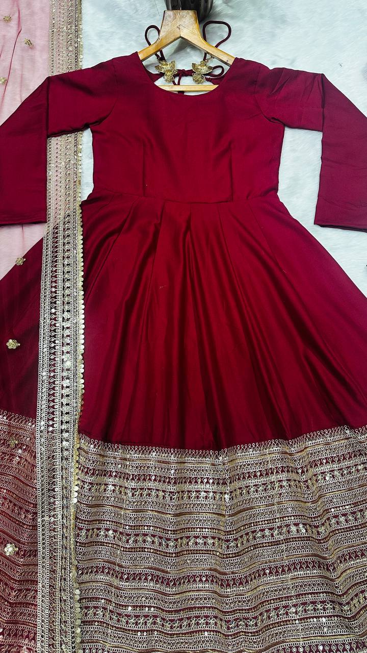 Maroon Rayon Embroidered Kali-Cut Anarkali Top with Micro Cotton Pant & Butterfly Net Dupatta – Heavy Sequins, Thread & Zari Work