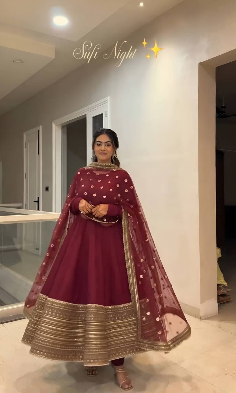 Maroon Rayon Embroidered Kali-Cut Anarkali Top with Micro Cotton Pant & Butterfly Net Dupatta – Heavy Sequins, Thread & Zari Work