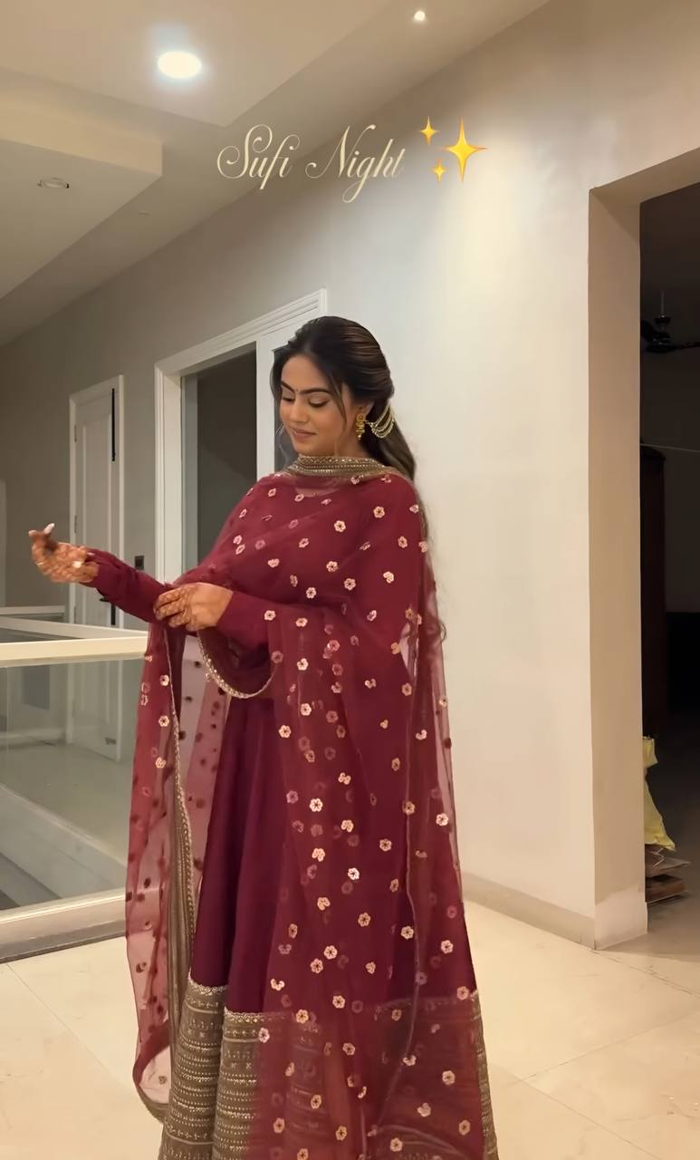 Maroon Rayon Embroidered Kali-Cut Anarkali Top with Micro Cotton Pant & Butterfly Net Dupatta – Heavy Sequins, Thread & Zari Work