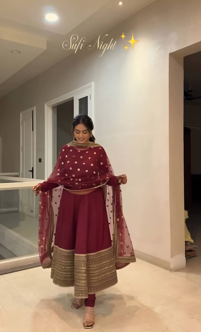 Maroon Rayon Embroidered Kali-Cut Anarkali Top with Micro Cotton Pant & Butterfly Net Dupatta – Heavy Sequins, Thread & Zari Work