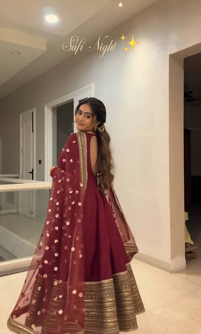 Maroon Rayon Embroidered Kali-Cut Anarkali Top with Micro Cotton Pant & Butterfly Net Dupatta – Heavy Sequins, Thread & Zari Work