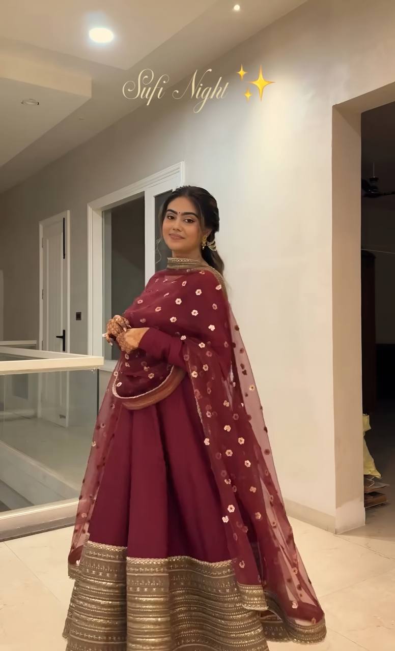 Maroon Rayon Embroidered Kali-Cut Anarkali Top with Micro Cotton Pant & Butterfly Net Dupatta – Heavy Sequins, Thread & Zari Work