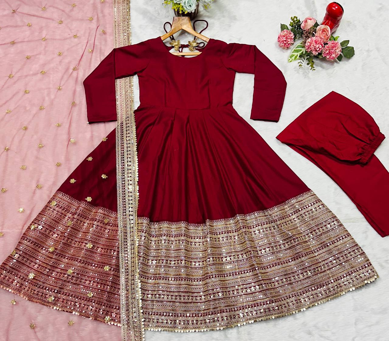 Maroon Rayon Embroidered Kali-Cut Anarkali Top with Micro Cotton Pant & Butterfly Net Dupatta – Heavy Sequins, Thread & Zari Work