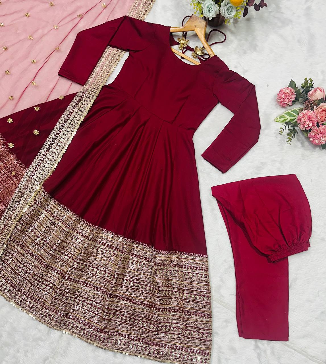 Maroon Rayon Embroidered Kali-Cut Anarkali Top with Micro Cotton Pant & Butterfly Net Dupatta – Heavy Sequins, Thread & Zari Work