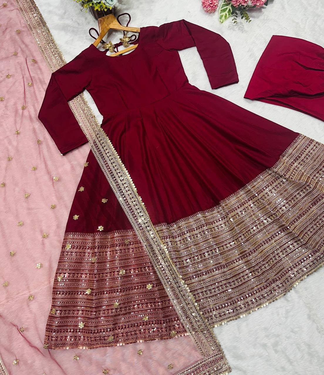 Maroon Rayon Embroidered Kali-Cut Anarkali Top with Micro Cotton Pant & Butterfly Net Dupatta – Heavy Sequins, Thread & Zari Work