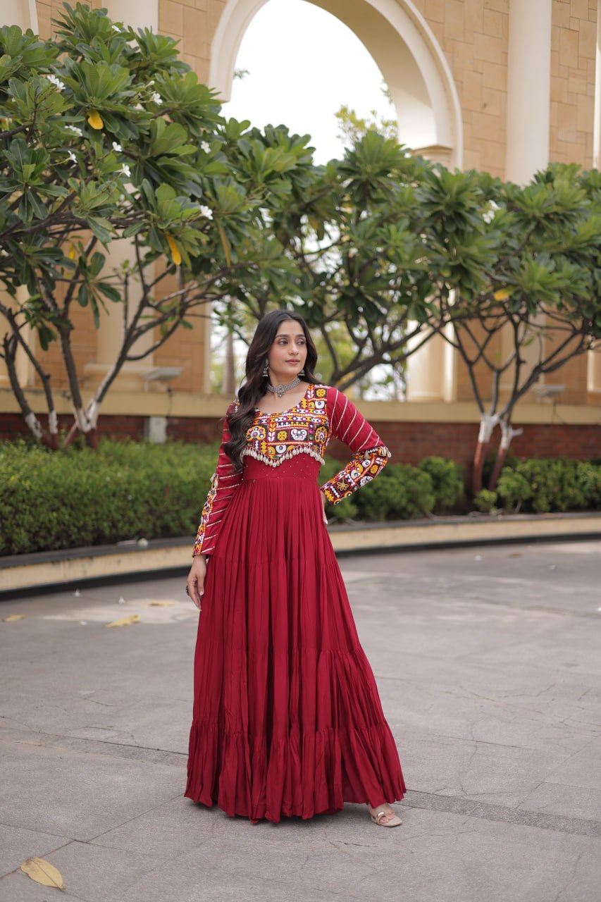 Maroon Rayon Gown with Embroidery Work