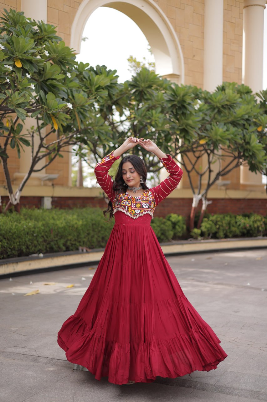 Maroon Rayon Gown with Embroidery Work
