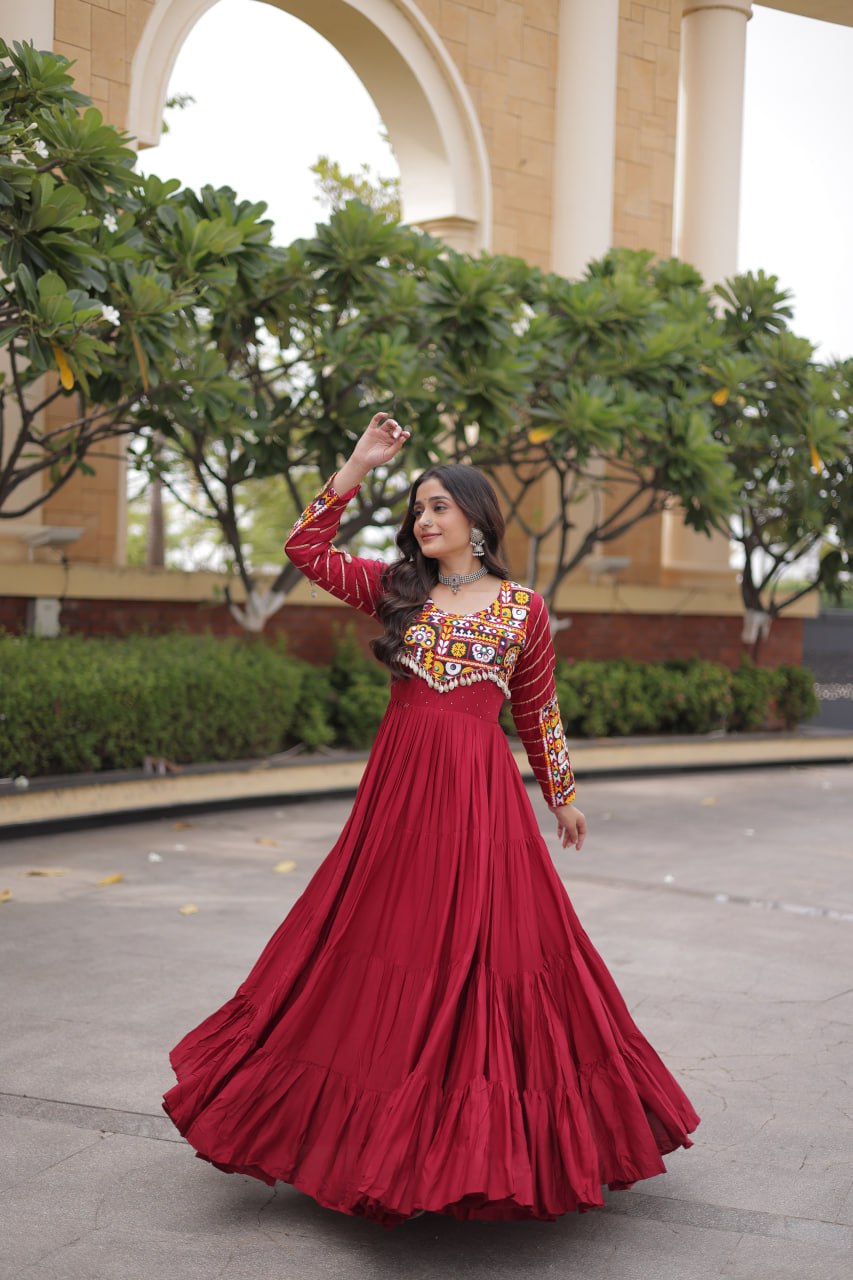 Maroon Rayon Gown with Embroidery Work