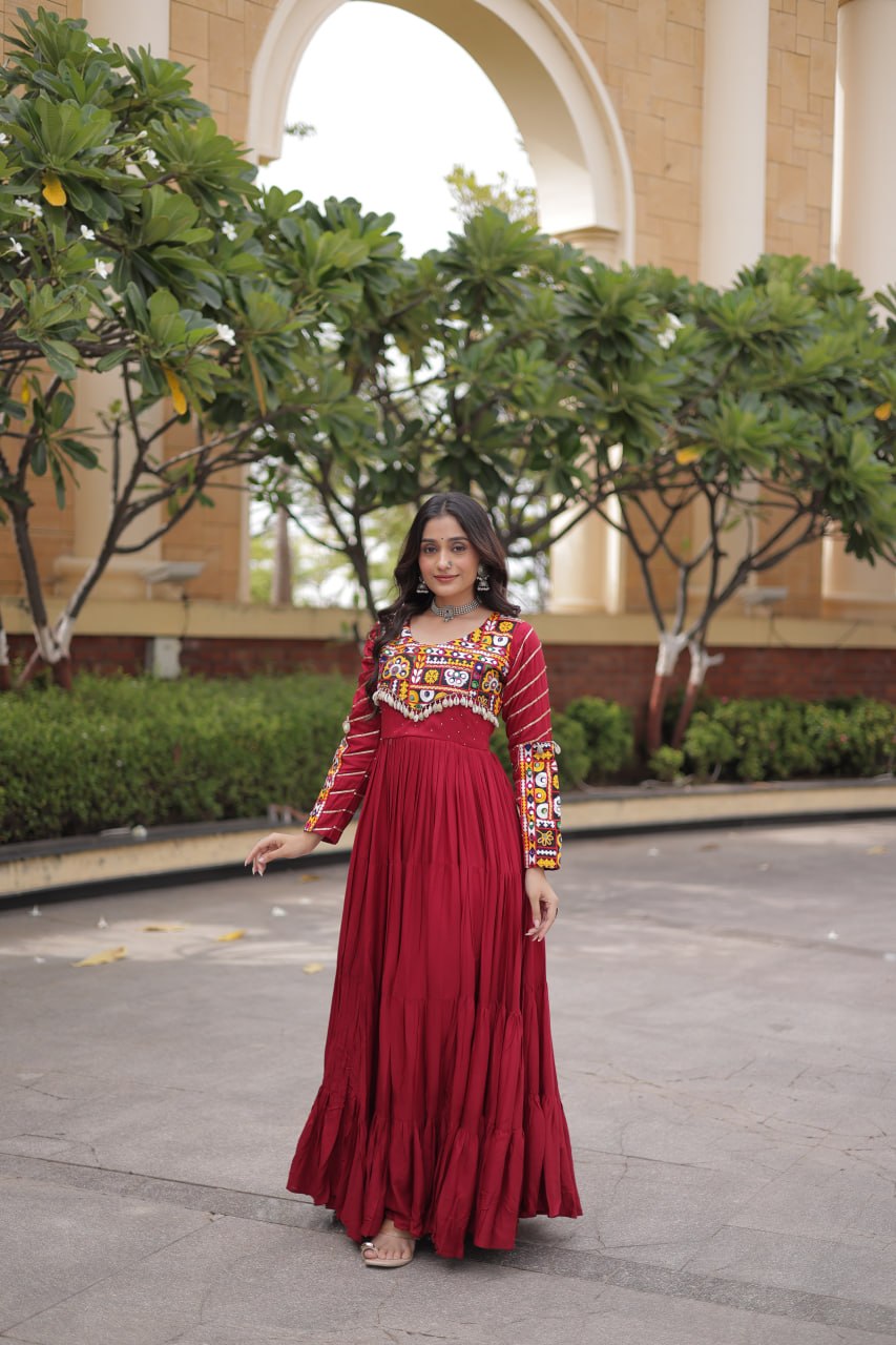 Maroon Rayon Gown with Embroidery Work