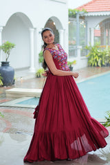 Maroon Rayon Navratri Gown with Kutchi Gamthi Embroidery & Mirror Work – Sleeveless with Flair